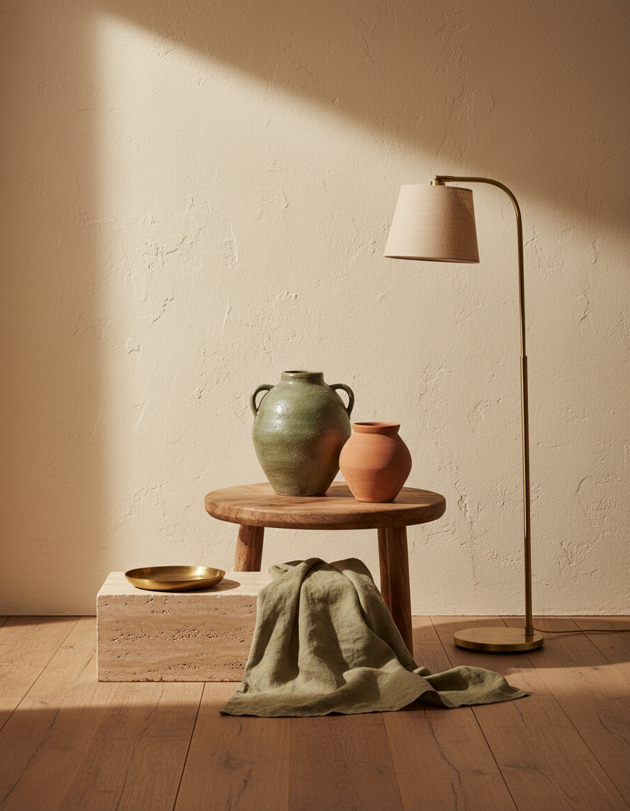 Editorial decor arrangement with lamp, stool, pillow, and ceramic objects in warm light