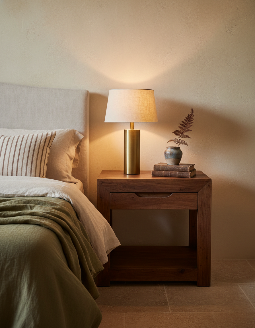 Quiet bedside arrangement with glowing lamp, upholstered headboard, and tactile finishes