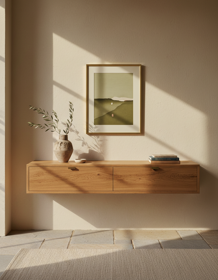 Oak console with framed art, ceramic vessel, and warm morning light