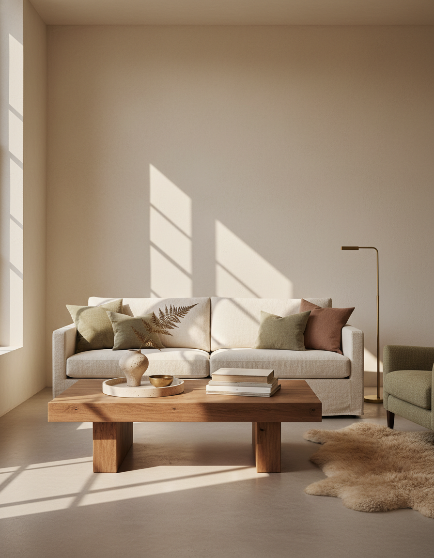 Calm living room with tailored seating, soft morning light, and quiet styling