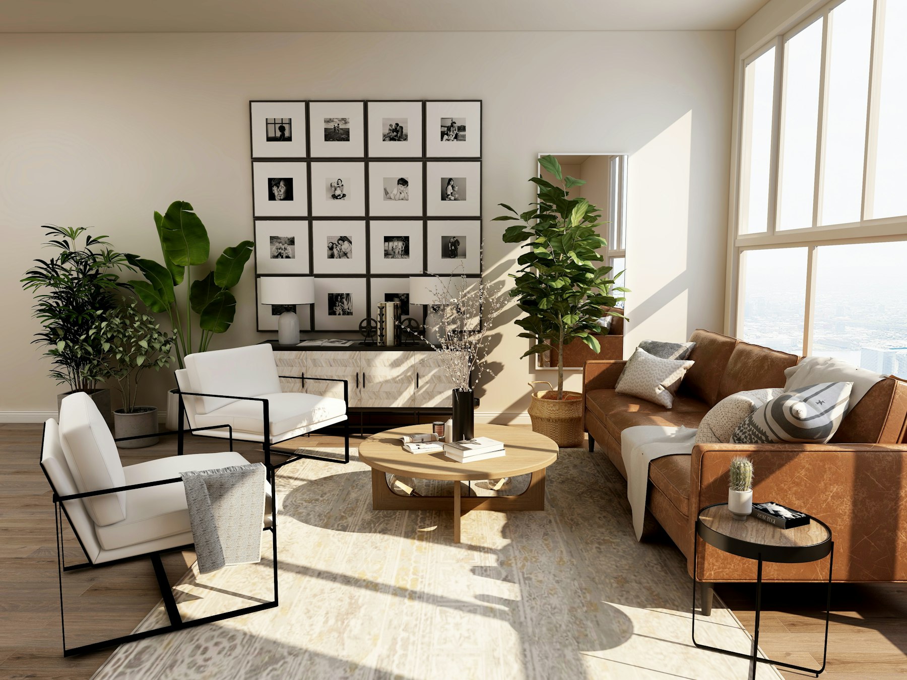 Sunlit living room with long drapery, curved sofa, oak coffee table, and quiet layered styling