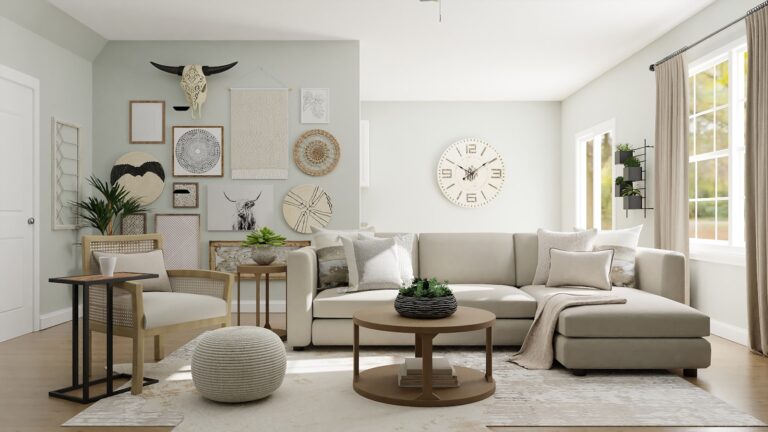Neutral living room with beige sectional, wood coffee table, and layered wall art in soft daylight